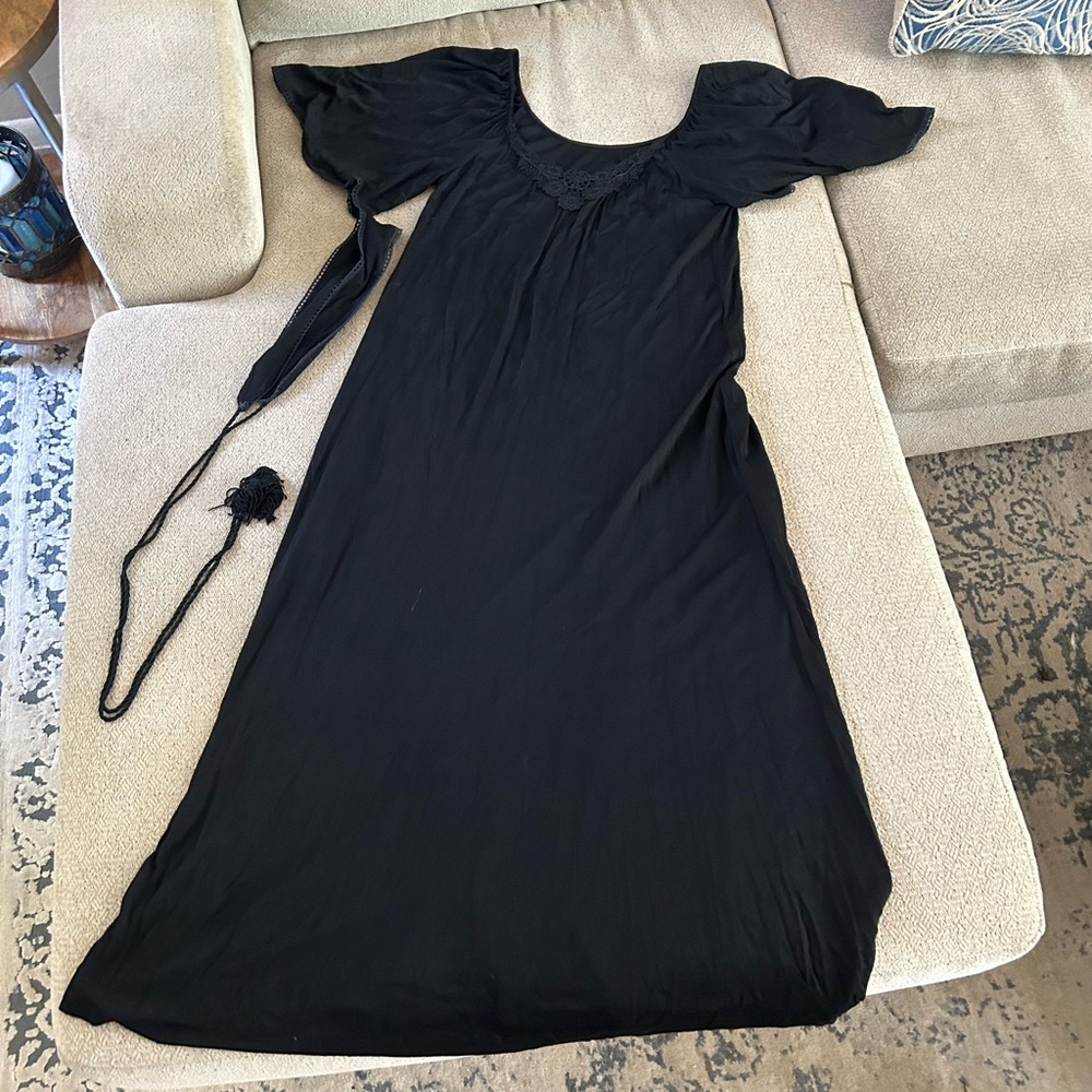vintage formal black dress with belt circa 70s-80s